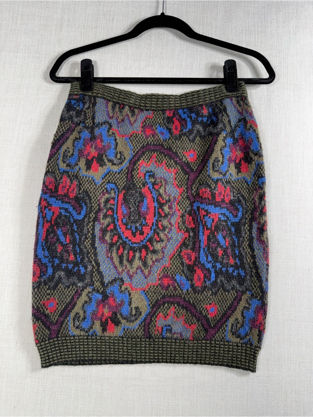 French Connection Olive Paisley Knit Pencil Skirt with Blue & Red Accents